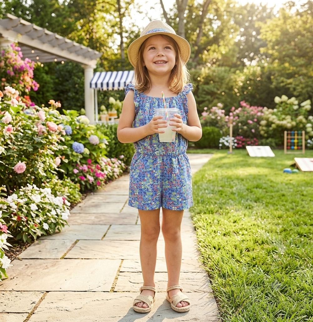 Tea Collection Girls Blue Cotton Floral Ruffle Strap Romper Jumper | Size 5
